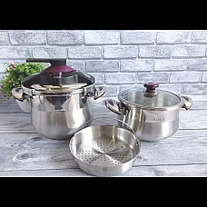 Набор скороварок 3 в 1 (20 см 5 л + 20 см 7 л. ) OMS 5029-Purple кастрюля + скороварка + пароварка жаропрочная сталь - AISI 304 (INOX)