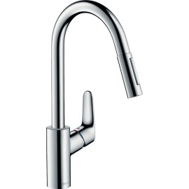 Змішувач Hansgrohe Focus для кухонної мийки / 31815000 / 240мм, 2-струменевий / поворотний / з витяжним душем / важіль збоку / форма кругла / хром