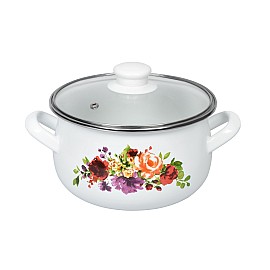 Каструля Ardesto Magic Flowers, скляна кришка, 2.5 л, біла, емальована