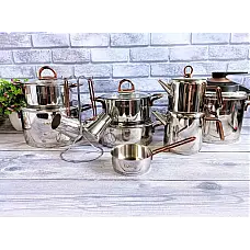 Набір посуду OMS 1087 ( 4 кастр. 2,3 л. 3 л. 3 л. 4,5 л. + ківш 0,5 л. + скороварка 7 л. + подвійний чайник 0.7 л. / 1,7 л. + набір турок 2 шт )