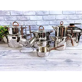 Набір посуду OMS 1087 ( 4 кастр. 2,3 л. 3 л. 3 л. 4,5 л. + ківш 0,5 л. + скороварка 7 л. + подвійний чайник 0.7 л. / 1,7 л. + набір турок 2 шт )