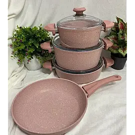 Набір посуду 7 предметів OMS 3005.01.02-Pink 20*10 (2,6 л) - 24*12 (4,3 л) - 26*7,5 (3,7 л) -Сковорода  26*5,5 (2,4 л)