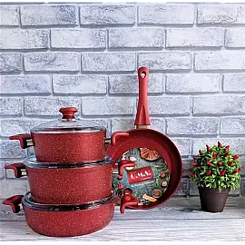 Набір посуду 7 предметів OMS 3005.01.02-Red 20*10 (2,6 л) - 24*12 (4,3 л) - 26*7,5 (3,7 л) -Сковорода  26*5,5 (2,4 л)