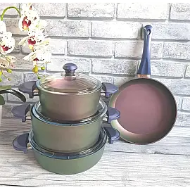 Набір посуду 7 предметів OMS 3016-Green Violet Каструлі: 20Х10 см / 2,6 лт. 24Х12см / 4,3 лт. 26Х7,5 см / 3,40 лт. Сковорідка 26Х5,5 см / 2,40 лт.