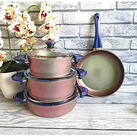 Набір посуду 7 предметів OMS 3016-Violet Каструлі: 20Х10 см / 2,6 лт. 24Х12см / 4,3 лт. 26Х7,5 см / 3,40 лт. Сковорідка 26Х5,5 см / 2,40 лт.