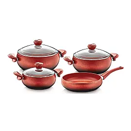 Набір посуду 7 предметів OMS 3017-Red 20*9 (2,5 л) - 24*10,5 (4,5 л) - 26*11 (5,7 л) -Сковорода 26*7 (2,8 л)