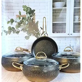 Набір посуду 7 предметів OMS 3023-Gold 20*9 (2,5 л) - 24*10,5 (4,5 л) - 26*11 (5,7 л) -Сковорода 26*7 (2,8 л)