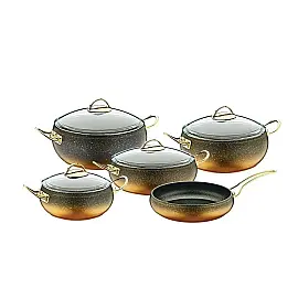 Набір посуду 9 предметів OMS 3024-Gold 20*9 (2,5 л) - 24*10,5 (4,5 л) - 28*11,5 (6,6 л) -28*7 (3,5 л) -Сковорода  28*7 (3,5 л)