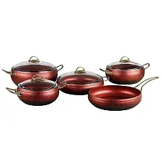 Набір посуду 9 предметів OMS 3024-Red 20*9 (2,5 л) - 24*10,5 (4,5 л) - 28*11,5 (6,6 л) -28*7 (3,5 л) -Сковорода  28*7 (3,5 л)