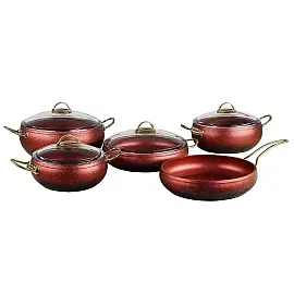 Набір посуду 9 предметів OMS 3024-Red 20*9 (2,5 л) - 24*10,5 (4,5 л) - 28*11,5 (6,6 л) -28*7 (3,5 л) -Сковорода  28*7 (3,5 л)