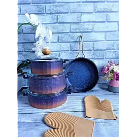 Набір посуду 7 предметів OMS 3033-Blue 20Х9,50 см (2,5 л); 24Х11см (4,2 л); 26Х7,5 см (3,75 л); СКОВОРОДА 26Х6 см (2,60 л)