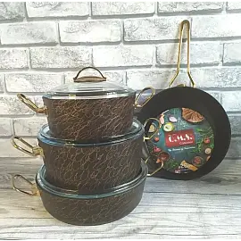 Набір посуду 7 предметів OMS 3036-Bronze 20Х10 см / 2,60 лт. 24Х12см / 4,30 лт. 26Х7,5 см / 4,9 лт. СКОВОРОДА 26Х5,5 см / 2,20 лт