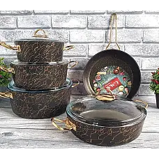 Набір посуду 9 предметів OMS 3037-Gold 20Х10 см / 2,60 л. 24Х12см / 4,30 л. 28Х13 см / 6,95 л. 28Х8 см / 4,2 л СКОВОРОДА 28Х6 см / 3 л