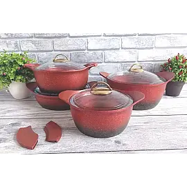 Набір посуду 8 предметів OMS 3038-Red 20Х11 см / 2,80 л.   24Х13см / 4,55 л.   26Х13 см / 5,6 л.   26Х8 см / 3,2 л