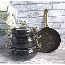 Набір посуду 7 предметів OMS 3039-Black 20Х9 см / 2,50 л. 24Х10,5см / 4,5 л. 26Х11 см / 5,7 л. СКОВОРОДА 26Х7 см / 2,80 л.