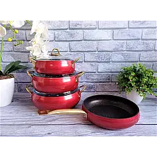 Набір посуду 7 предметів OMS 3039-Red 20Х9 см / 2,50 л. 24Х10,5см / 4,5 л. 26Х11 см / 5,7 л. СКОВОРОДА 26Х7 см / 2,80 л