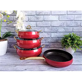 Набір посуду 7 предметів OMS 3039-Red 20Х9 см / 2,50 л. 24Х10,5см / 4,5 л. 26Х11 см / 5,7 л. СКОВОРОДА 26Х7 см / 2,80 л