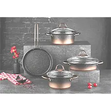 Набір посуду 7 предметів OMS 3048-Bronze 20Х10 см / 2,50 л. 24Х11,5см / 4 л. 26Х7,5 см / 3,3 л.  СКОВОРОДА  26Х5,5 см / 2,3 л