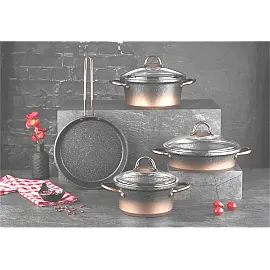 Набір посуду 7 предметів OMS 3048-Bronze 20Х10 см / 2,50 л. 24Х11,5см / 4 л. 26Х7,5 см / 3,3 л.  СКОВОРОДА  26Х5,5 см / 2,3 л