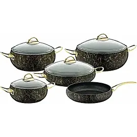 Набір посуду 9 предметів OMS 3055-Gold 20*9 (2,5 л) - 24*10,5 (4,5 л) - 28*11,5 (6,6 л) -28*7 (3,5 л) -Сковорода  28*7 (3,5 л)