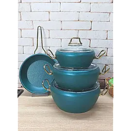 Набір посуду 7 предметів OMS 3058G-Mentol 20*9,5 см (2,1 л) - 24*11 см (3,7 л) - 26*11 см (4,6 л) - Сковорода  26*7 см (2,7 л)