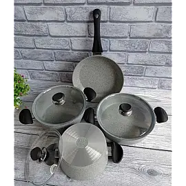 Набір посуду 7 предметів OMS 3105-Grey 20*10 (2,6 л) - 24*12 (4,3 л) - 26*7,5 (3,7 л) -Сковорода  26*5,5 (2,4 л)