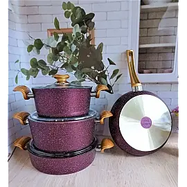 Набір посуду 7 предметів OMS 3105-Purple 20*10 (2,6 л) - 24*12 (4,3 л) - 26*7,5 (3,7 л) -Сковорода  26*5,5 (2,4 л)