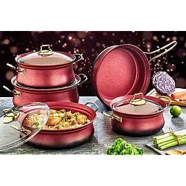 Набір посуду 9 предметів OMS 3045-Red 20*11 (3,0 л) - 24*13 (4,8 л) - 26*14 (6,0 lt) - 26*9,5 (3,4 л) -Сковорода - 26*7 (3,0 л)